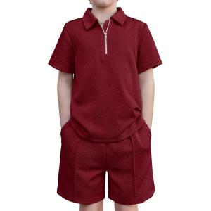Arshiner Boys’ 2-Piece Outfits Short Sleeve Zip Polo Shirt & Drawstring Shorts Set Kids Summer Track Suits 4-13 Years(Burgundy)