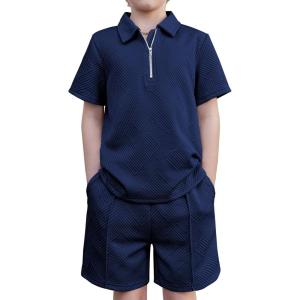 Arshiner Boys’ 2-Piece Outfits Short Sleeve Zip Polo Shirt & Drawstring Shorts Set Kids Summer Track Suits 4-13 Years(Dark Blue)
