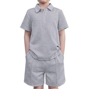Arshiner Boys’ 2-Piece Outfits Short Sleeve Zip Polo Shirt & Drawstring Shorts Set Kids Summer Track Suits 4-13 Years(Light Gray)