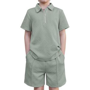 Arshiner Boys’ 2-Piece Outfits Short Sleeve Zip Polo Shirt & Drawstring Shorts Set Kids Summer Track Suits 4-13 Years(Light Green)