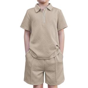 Arshiner Boys’ 2-Piece Outfits Short Sleeve Zip Polo Shirt & Drawstring Shorts Set Kids Summer Track Suits 4-13 Years(Light Khaki)