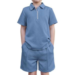 Arshiner Boys’ 2-Piece Outfits Short Sleeve Zip Polo Shirt & Drawstring Shorts Set Kids Summer Track Suits 4-13 Years(Navy Blue)