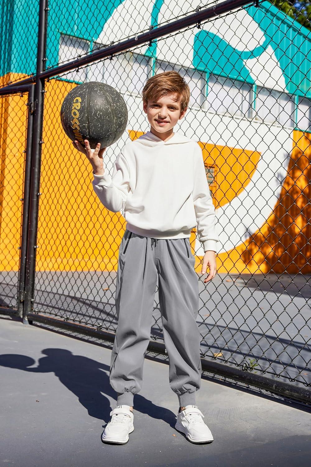 image:imageArshiner Boys Casual Pants Elastic Waist Drawstring Kids Pants Youth Tapered Sweatpants Zipper Pockets Light Grey
