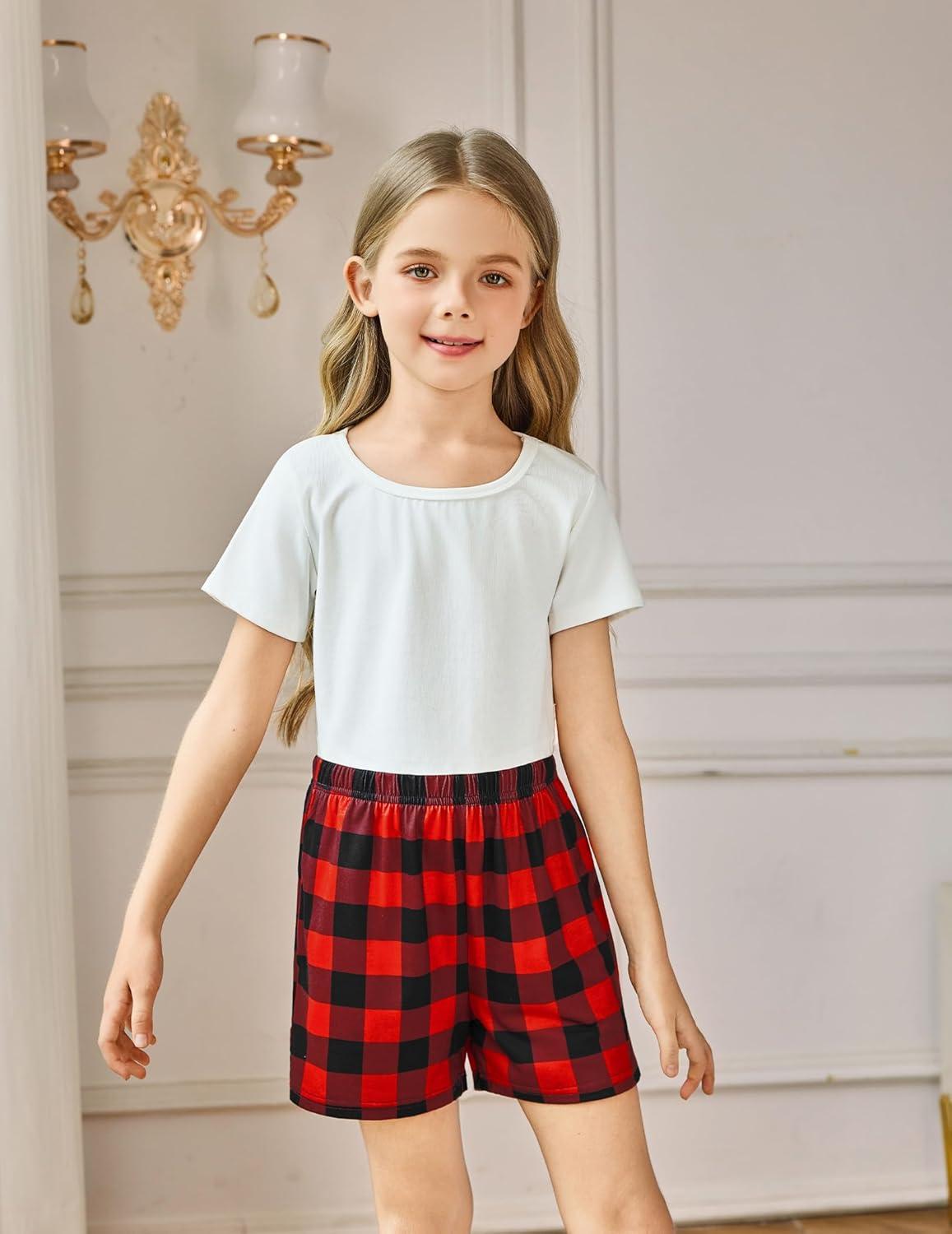 image:imageArshiner Girls Pajamas Shorts Casual Summer Lounge Sleep Pj 2Pack Plaid Shorts Beach BottomsRed Black Plaid