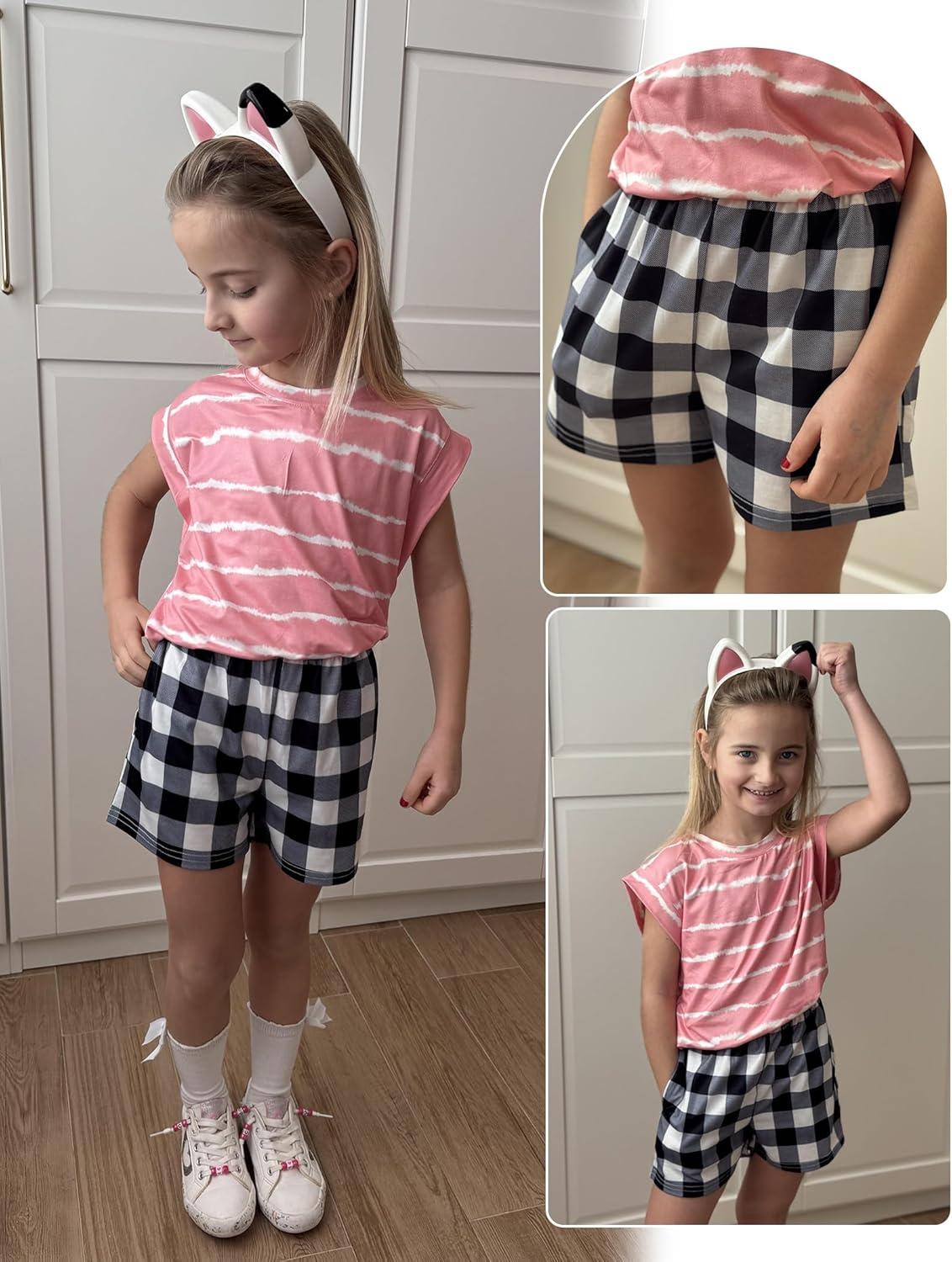 image:imageArshiner Girls Pajamas Shorts Casual Summer Lounge Sleep Pj 2Pack Plaid Shorts Beach BottomsRed Black Plaid