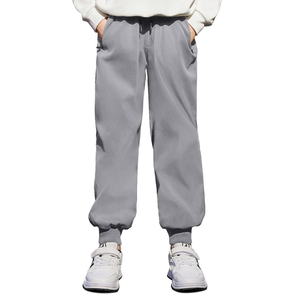 image:imageArshiner Boys Casual Pants Elastic Waist Drawstring Kids Pants Youth Tapered Sweatpants Zipper Pockets Light Grey