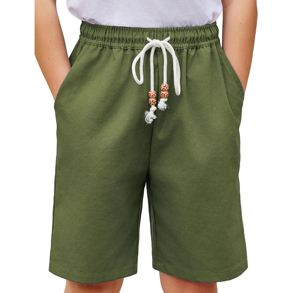 image:imageArshiner Boys Cotton Linen Shorts Summer Beach Shorts Elastic Waist Drawstring Short with Pockets Size 618Army Green