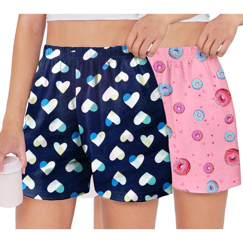 image:imageArshiner Girls Pajamas Shorts Casual Summer Lounge Sleep Pj 2Pack Plaid Shorts Beach BottomsPink Donut Blue Heart