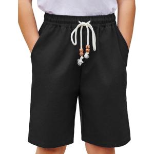 Arshiner Boys Cotton Linen Shorts Summer Beach Shorts Elastic Waist Drawstring Short with Pockets Size 6-18(Black)