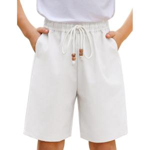 Arshiner Boys Cotton Linen Shorts Summer Beach Shorts Elastic Waist Drawstring Short with Pockets Size 6-18(White)