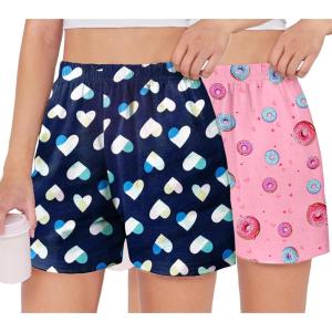 Arshiner Girls Pajamas Shorts Casual Summer Lounge Sleep Pj 2-Pack Plaid Shorts Beach Bottoms(Pink Donut & Blue Heart)