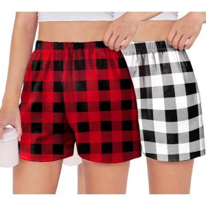 Arshiner Girls Pajamas Shorts Casual Summer Lounge Sleep Pj 2-Pack Plaid Shorts Beach Bottoms(Red & Black Plaid)