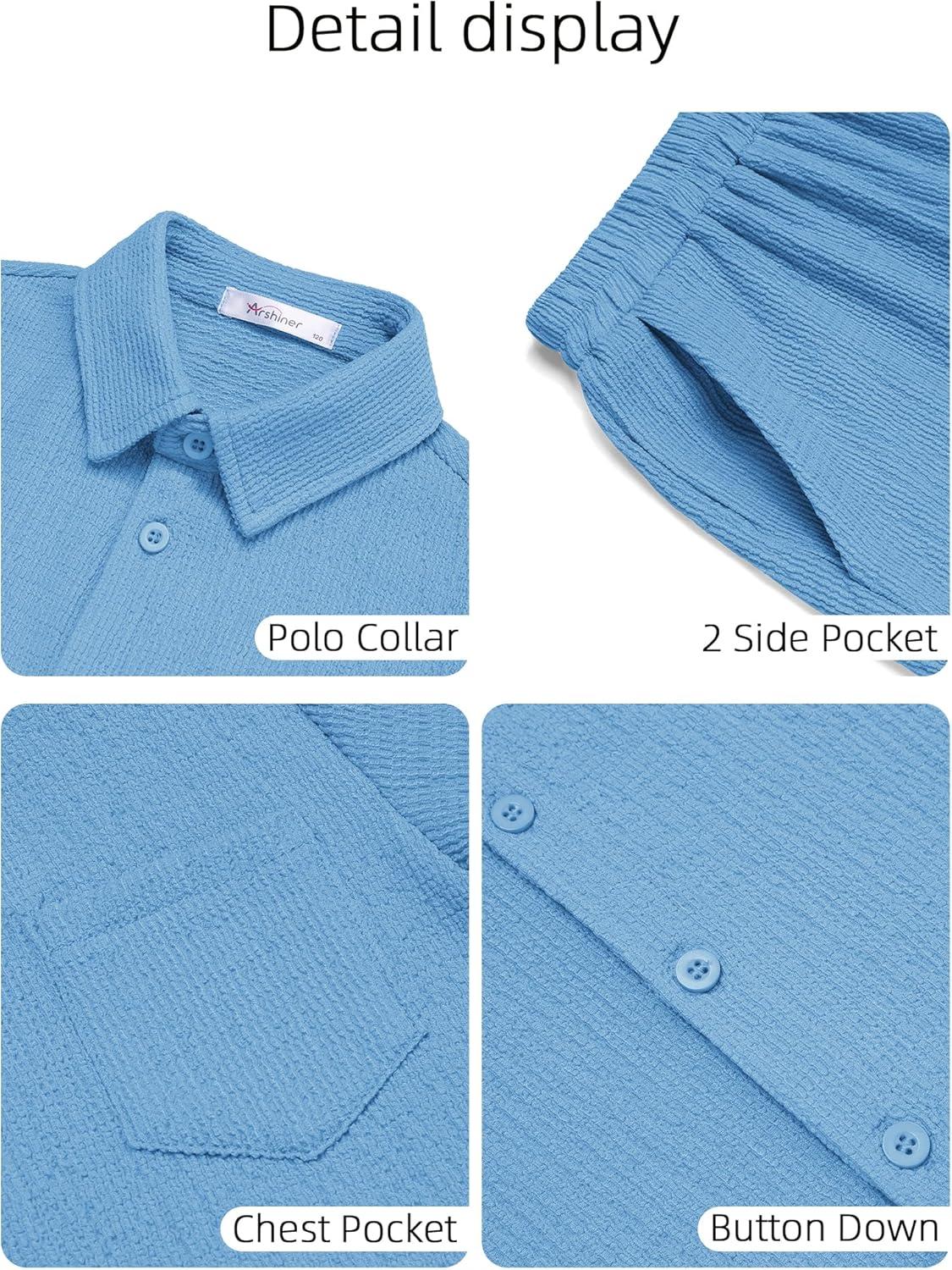 image:imageArshiner Boys 2 Piece Summer Outfits Waffle Knit Short Sleeve Button Down Shirt amp Casual Shorts Sets Size 412Light Blue