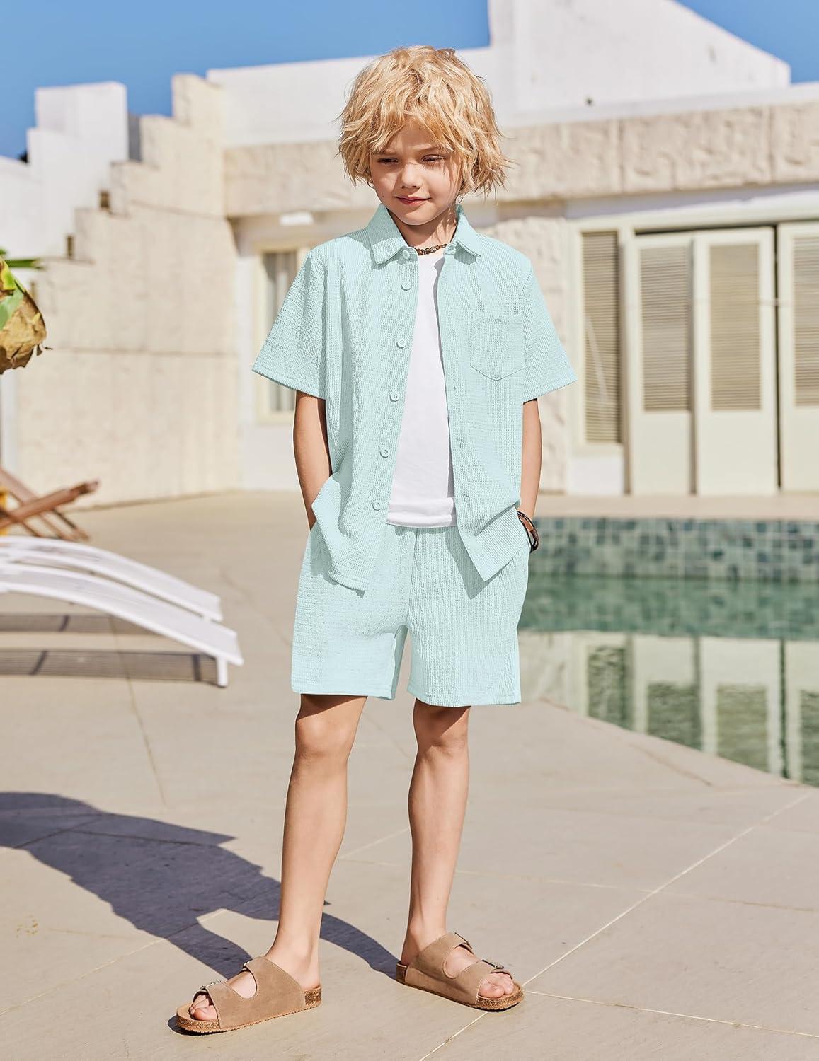 image:imageArshiner Boys 2 Piece Summer Outfits Waffle Knit Short Sleeve Button Down Shirt amp Casual Shorts Sets Size 412Sky Blue