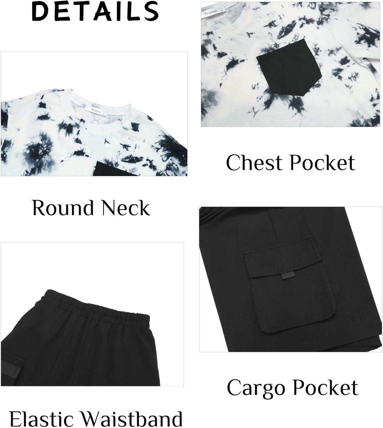 image:imageArshiner Boys 2Piece Cotton Outfit Short Sleeve Crewneck TShirt amp Cargo Shorts Set Summer Casual Clothes for Kids 513Black and White Printblack