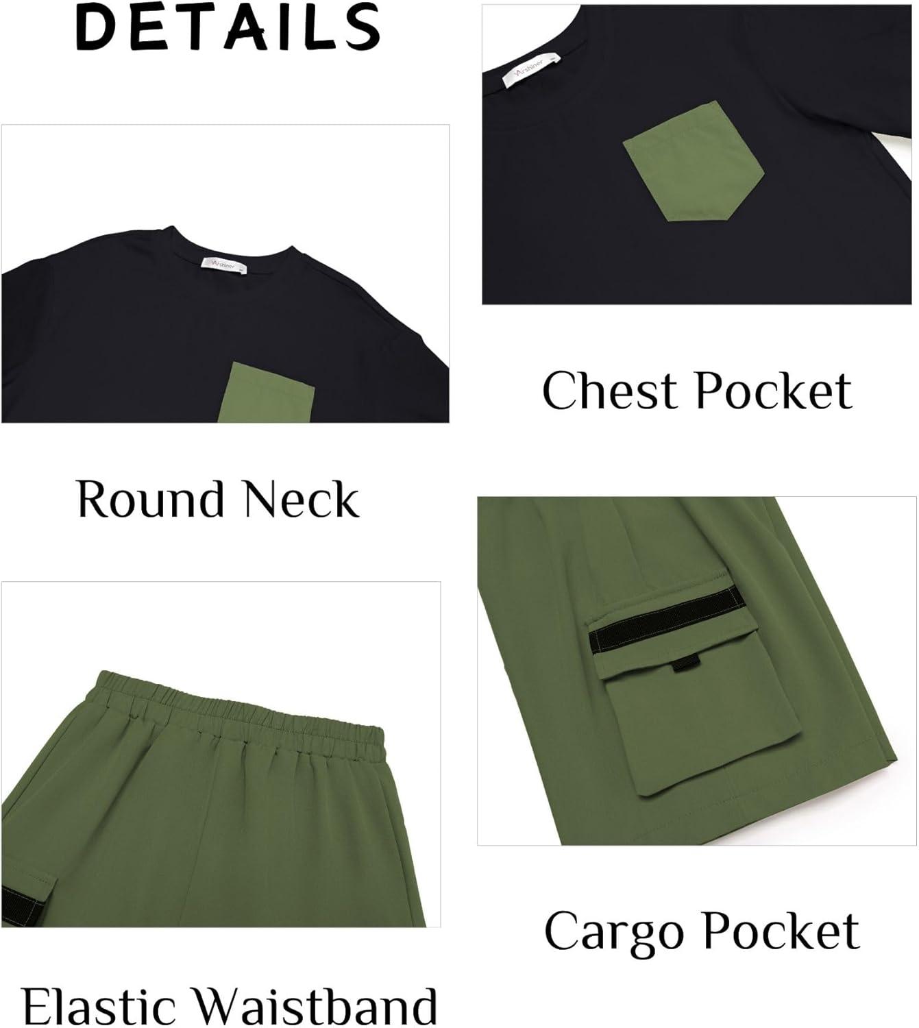 image:imageArshiner Boys 2Piece Cotton Outfit Short Sleeve Crewneck TShirt amp Cargo Shorts Set Summer Casual Clothes for Kids 513Blackarmy Green