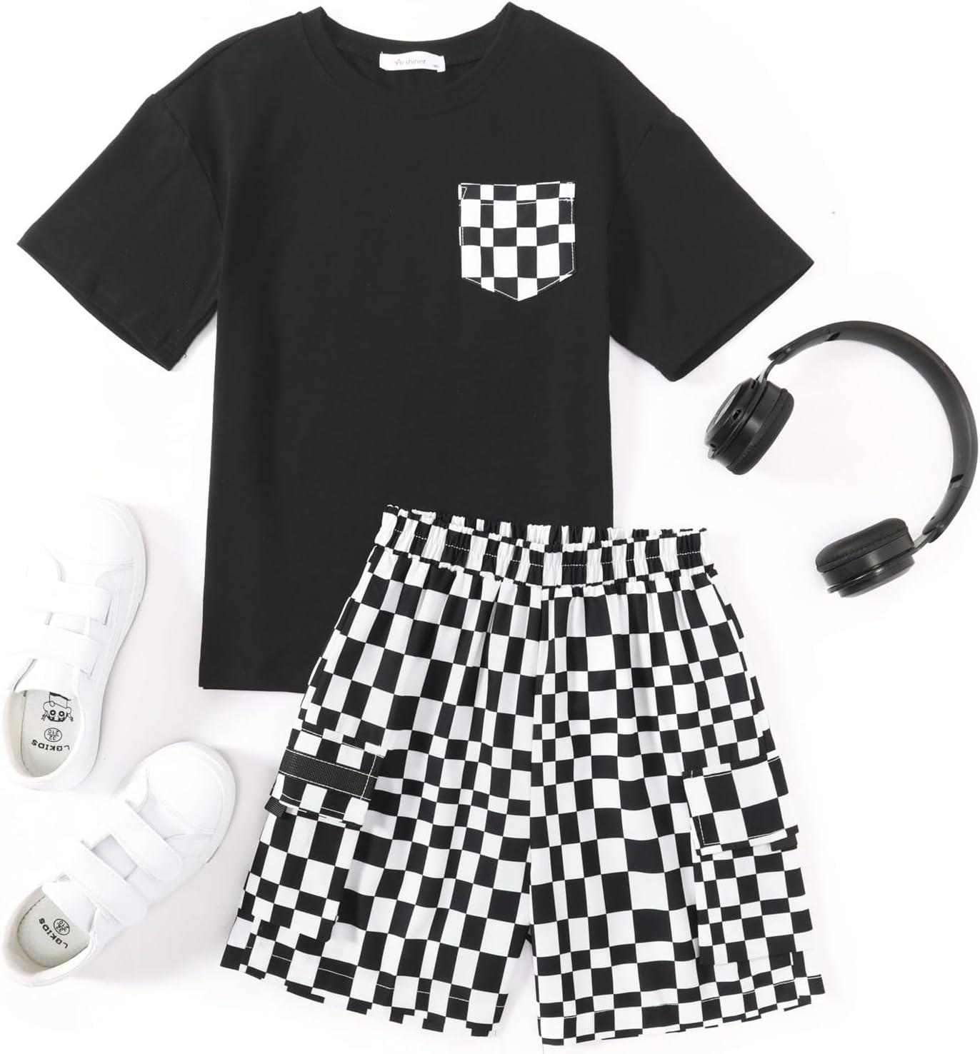 image:imageArshiner Boys 2Piece Cotton Outfit Short Sleeve Crewneck TShirt amp Cargo Shorts Set Summer Casual Clothes for Kids 513Blackblackandwhite Check