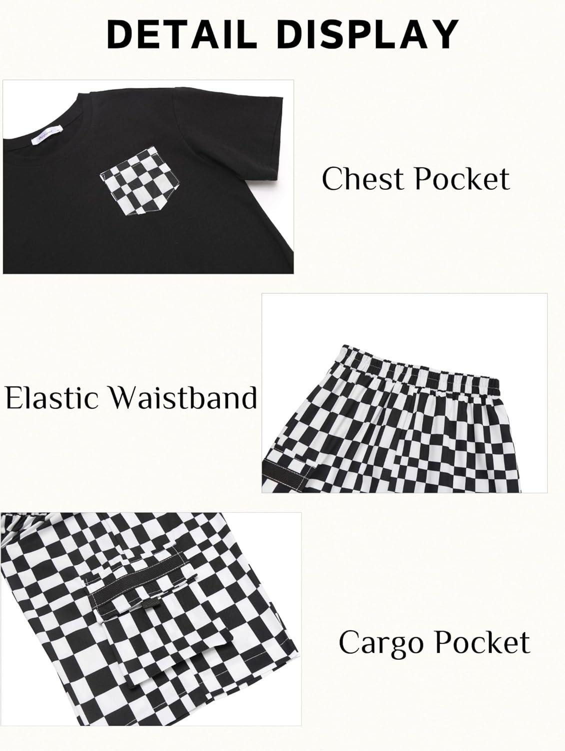 image:imageArshiner Boys 2Piece Cotton Outfit Short Sleeve Crewneck TShirt amp Cargo Shorts Set Summer Casual Clothes for Kids 513Blackblackandwhite Check