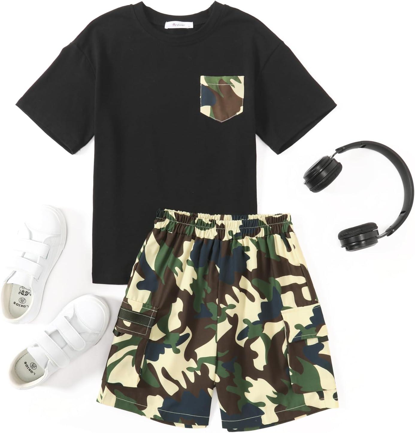 image:imageArshiner Boys 2Piece Cotton Outfit Short Sleeve Crewneck TShirt amp Cargo Shorts Set Summer Casual Clothes for Kids 513Blackgreen Camo