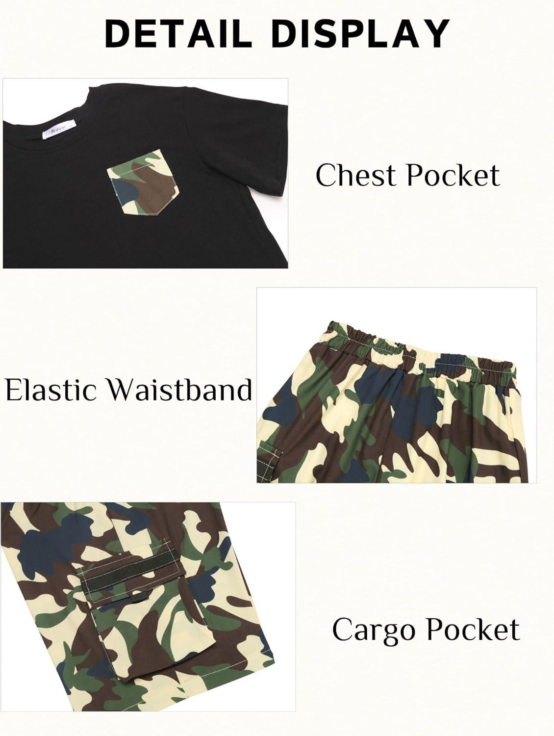 image:imageArshiner Boys 2Piece Cotton Outfit Short Sleeve Crewneck TShirt amp Cargo Shorts Set Summer Casual Clothes for Kids 513Blackgreen Camo