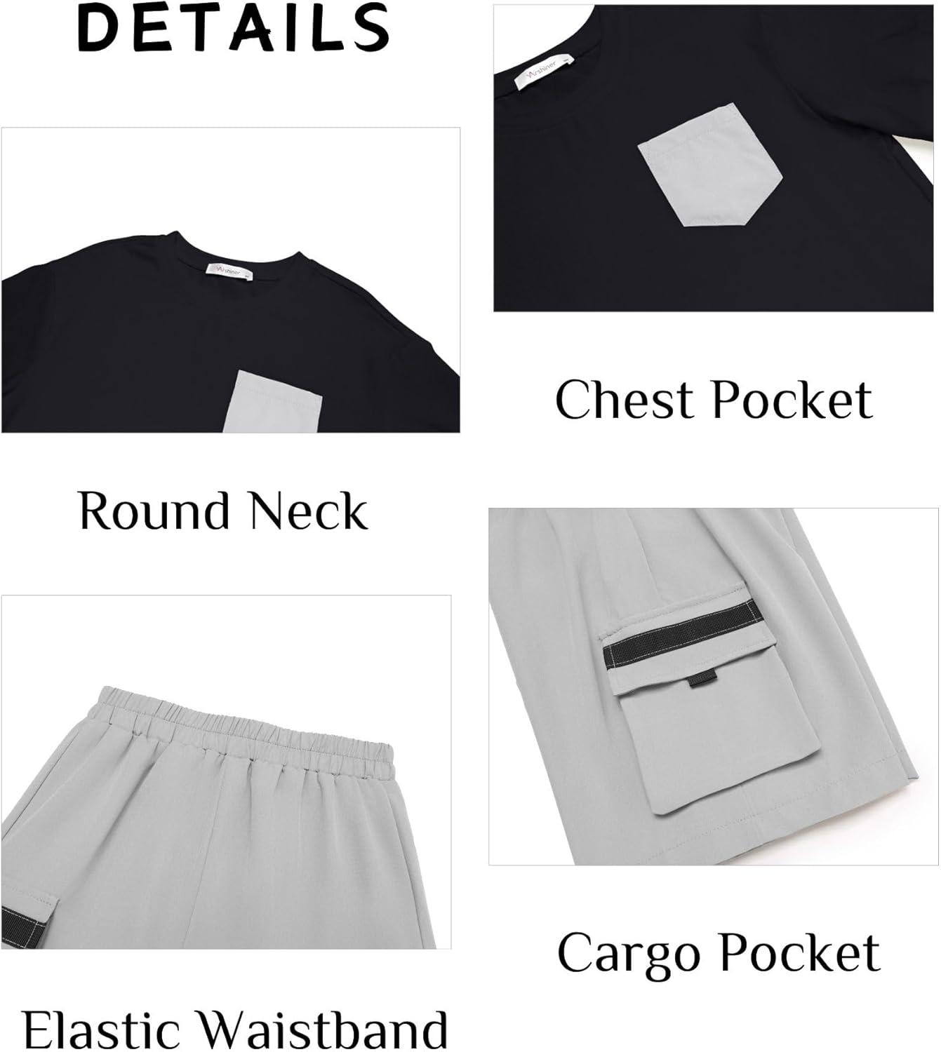 image:imageArshiner Boys 2Piece Cotton Outfit Short Sleeve Crewneck TShirt amp Cargo Shorts Set Summer Casual Clothes for Kids 513Blackgrey