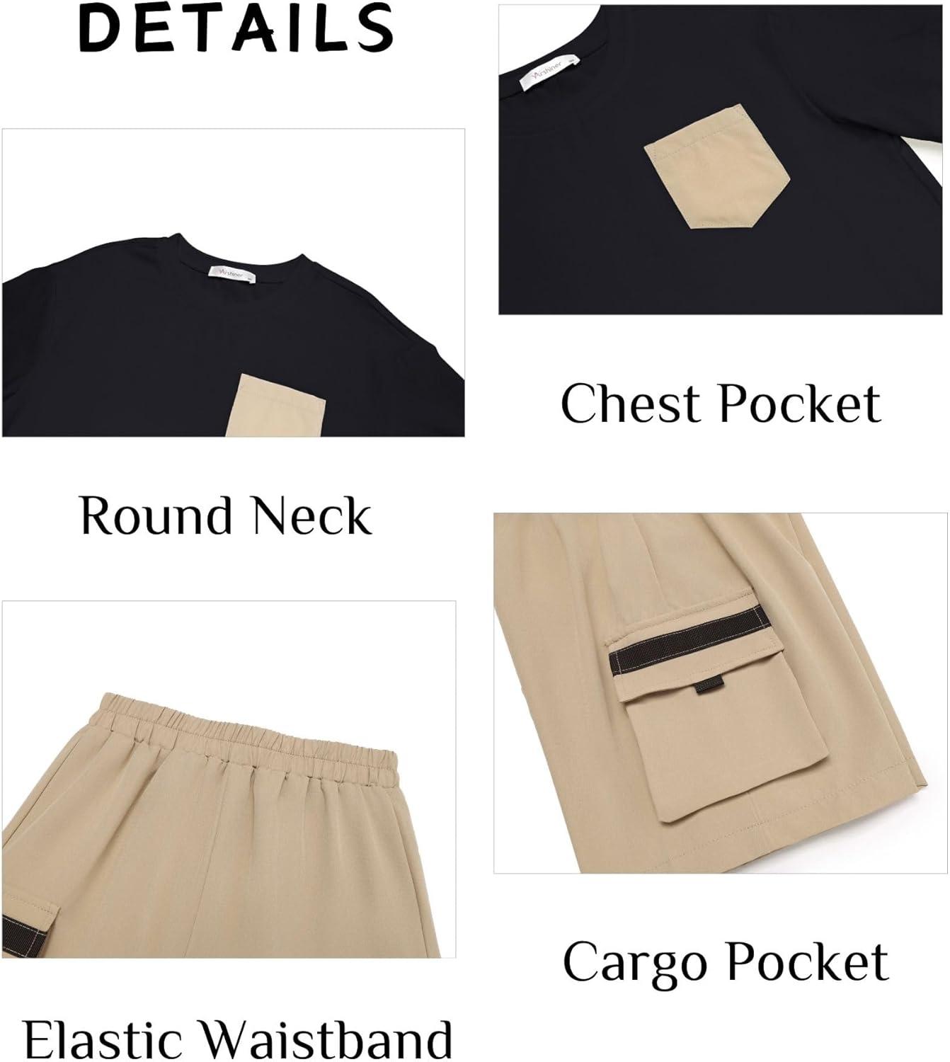 image:imageArshiner Boys 2Piece Cotton Outfit Short Sleeve Crewneck TShirt amp Cargo Shorts Set Summer Casual Clothes for Kids 513Blackkhaki