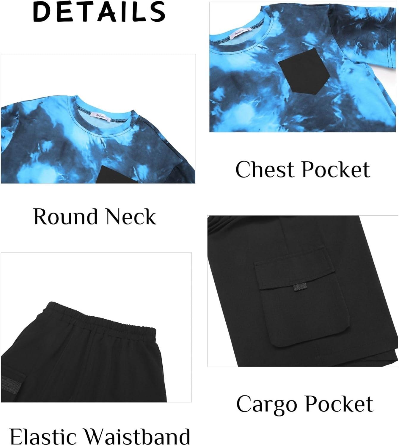 image:imageArshiner Boys 2Piece Cotton Outfit Short Sleeve Crewneck TShirt amp Cargo Shorts Set Summer Casual Clothes for Kids 513Indigo Tiedyeblack