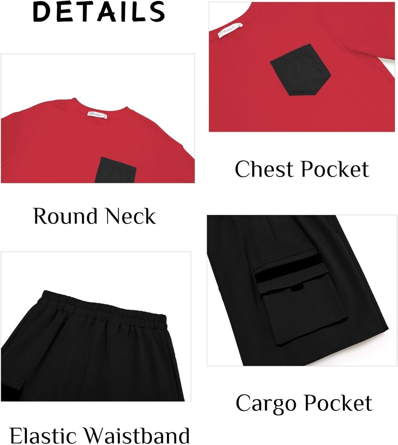 image:imageArshiner Boys 2Piece Cotton Outfit Short Sleeve Crewneck TShirt amp Cargo Shorts Set Summer Casual Clothes for Kids 513Redblack