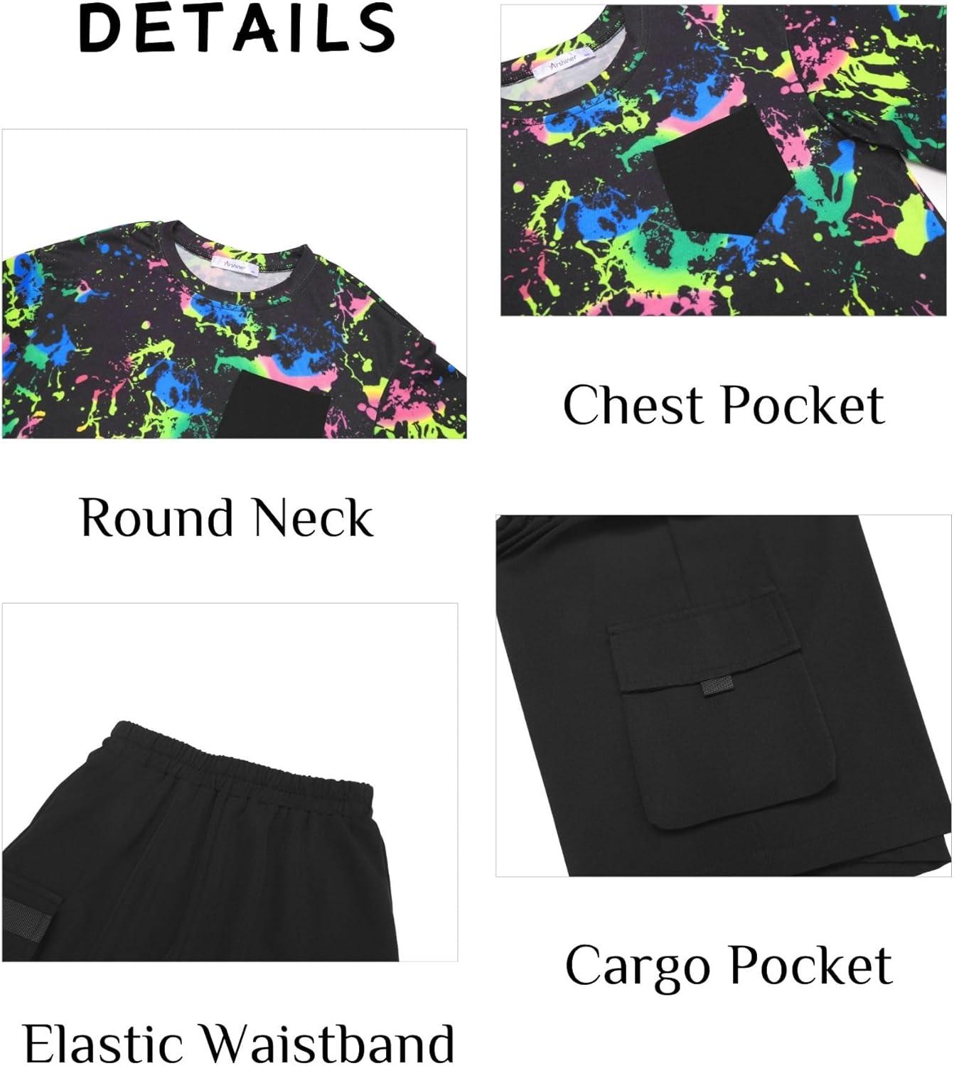 image:imageArshiner Boys 2Piece Cotton Outfit Short Sleeve Crewneck TShirt amp Cargo Shorts Set Summer Casual Clothes for Kids 513Splashink Printingblack