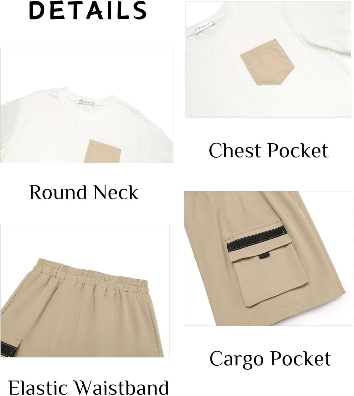 image:imageArshiner Boys 2Piece Cotton Outfit Short Sleeve Crewneck TShirt amp Cargo Shorts Set Summer Casual Clothes for Kids 513Whitekhaki