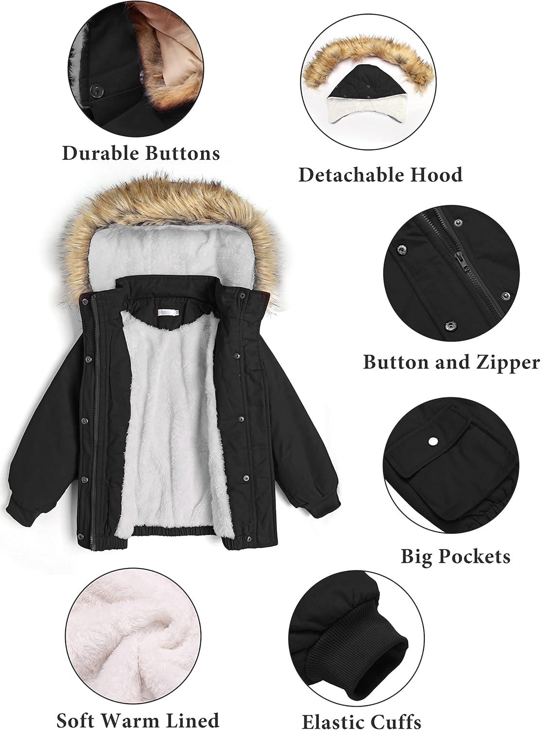 image:imageArshiner Kids Girls Winter Coats Warm Thick Padded Hooded Fleece Lined Puffer Parka JacketBlack