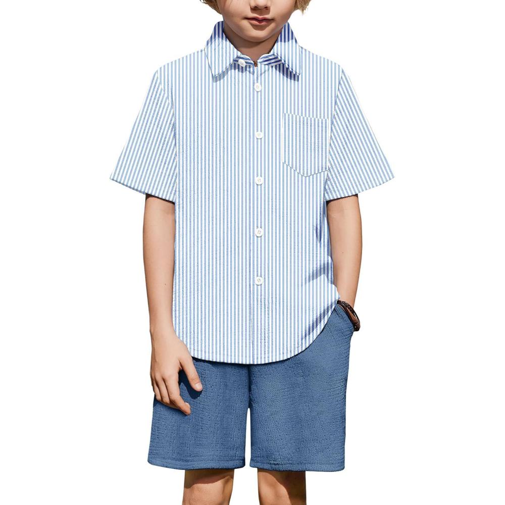 image:imageArshiner Boys 2 Piece Summer Outfits Waffle Knit Short Sleeve Button Down Shirt amp Casual Shorts Sets Size 412Blue Stripesnavy