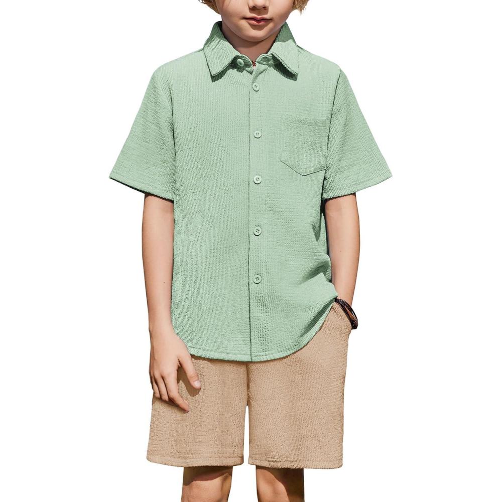 image:imageArshiner Boys 2 Piece Summer Outfits Waffle Knit Short Sleeve Button Down Shirt amp Casual Shorts Sets Size 412Greenkhaki