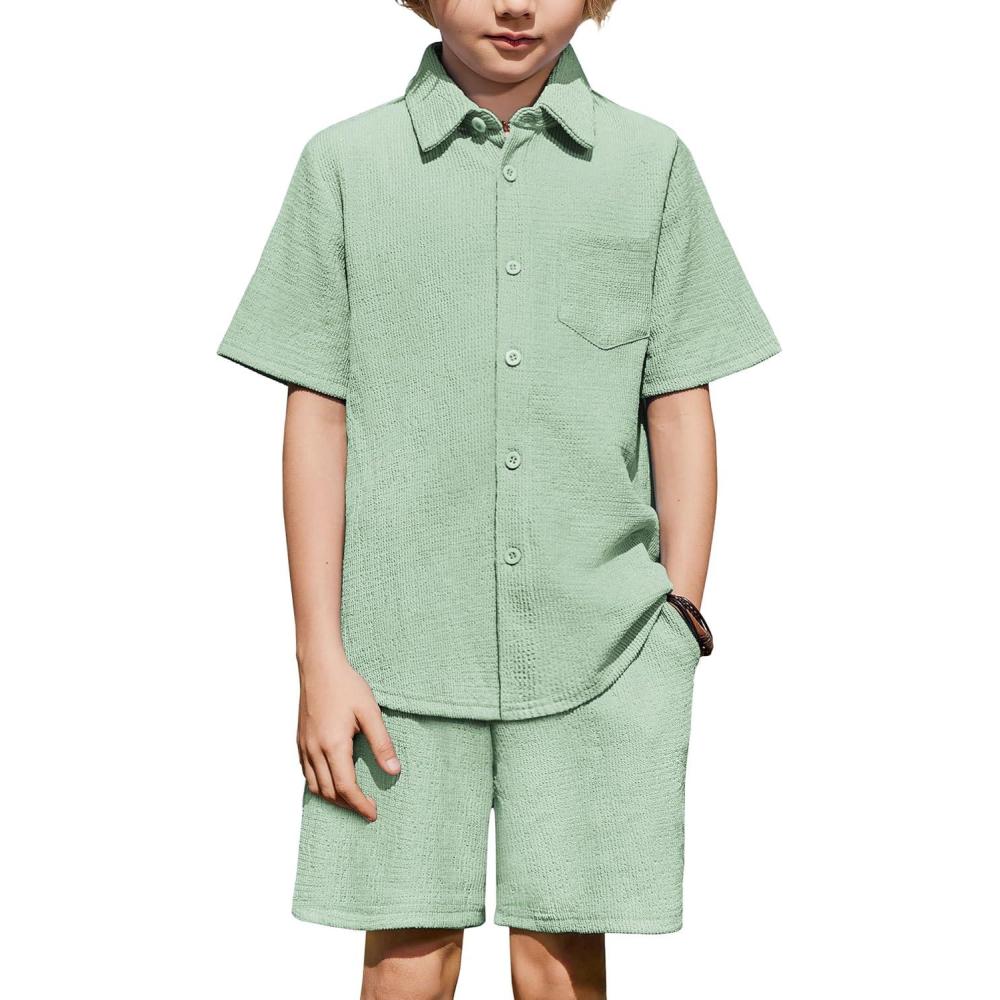 image:imageArshiner Boys 2 Piece Summer Outfits Waffle Knit Short Sleeve Button Down Shirt amp Casual Shorts Sets Size 412Icy Green