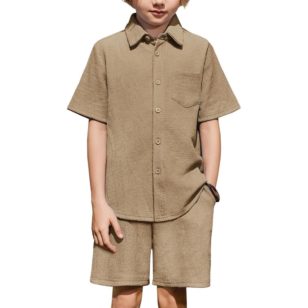 image:imageArshiner Boys 2 Piece Summer Outfits Waffle Knit Short Sleeve Button Down Shirt amp Casual Shorts Sets Size 412Khaki