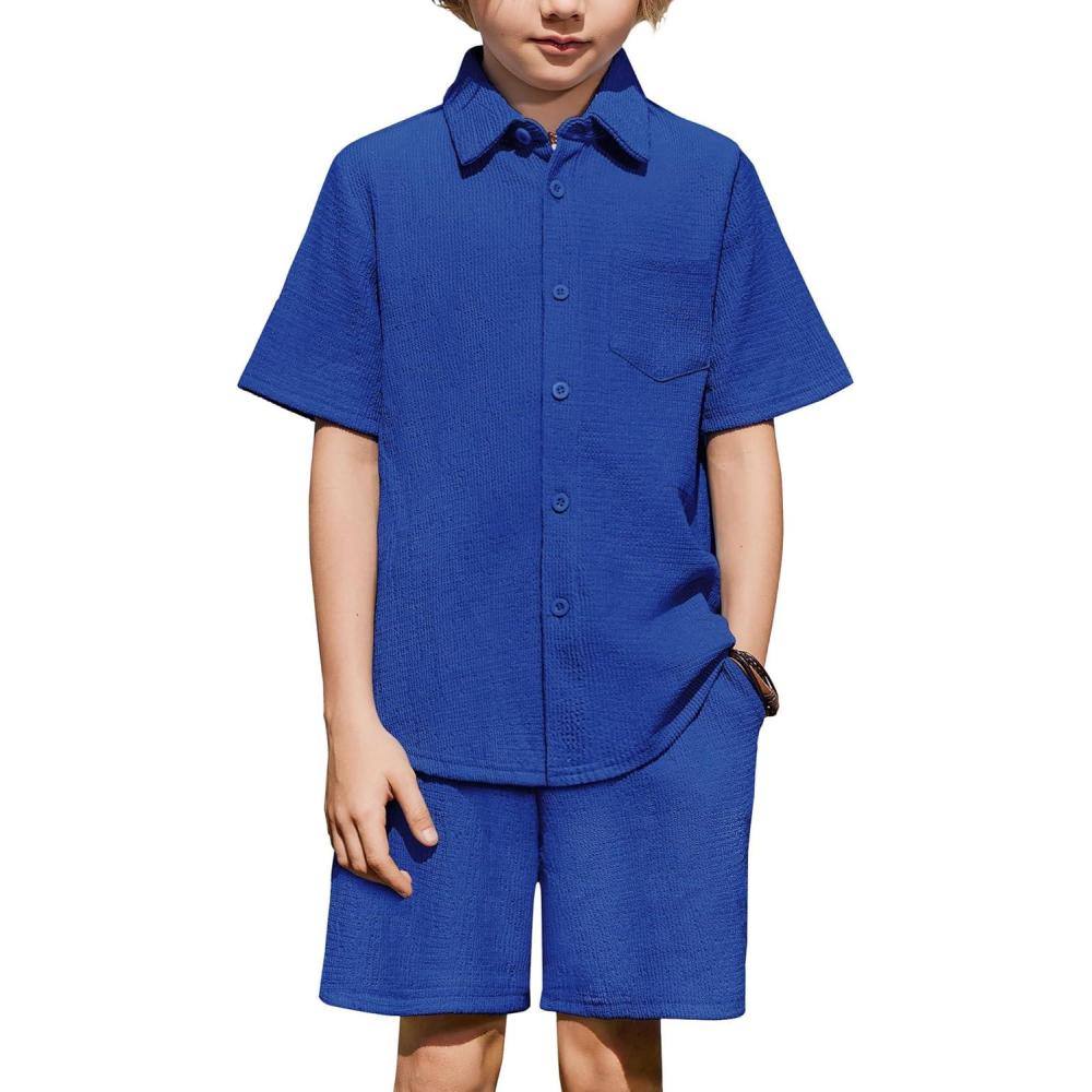 image:imageArshiner Boys 2 Piece Summer Outfits Waffle Knit Short Sleeve Button Down Shirt amp Casual Shorts Sets Size 412Royal Blue