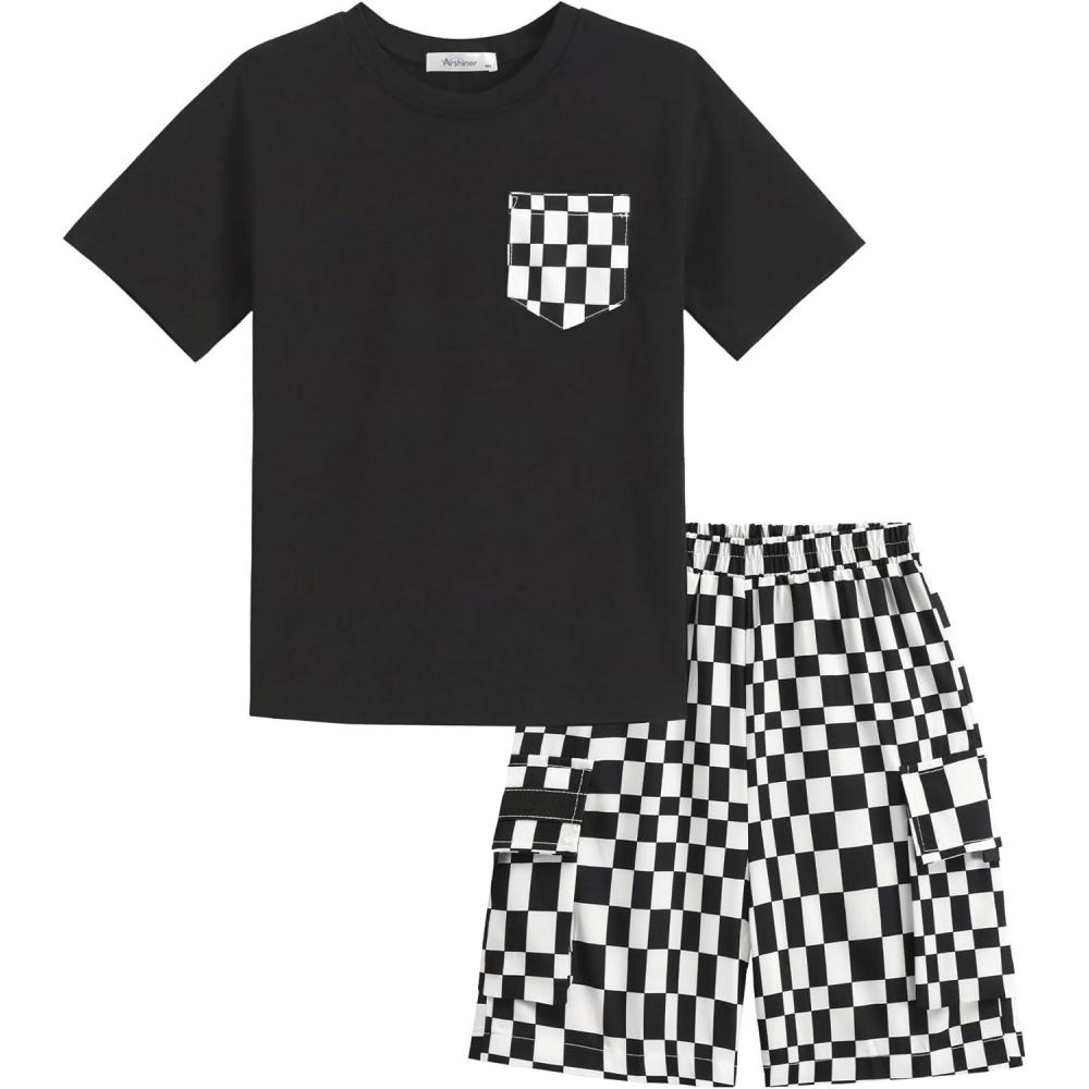 image:imageArshiner Boys 2Piece Cotton Outfit Short Sleeve Crewneck TShirt amp Cargo Shorts Set Summer Casual Clothes for Kids 513Blackblackandwhite Check