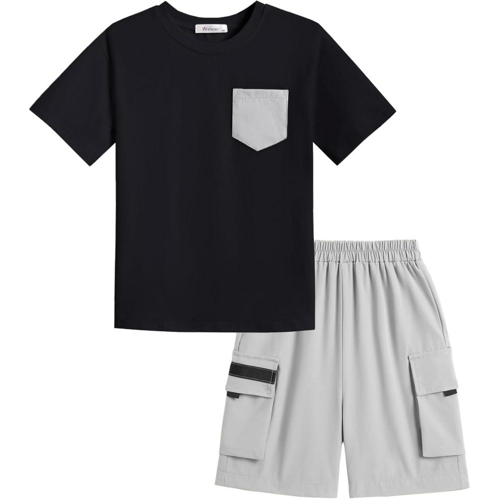 image:imageArshiner Boys 2Piece Cotton Outfit Short Sleeve Crewneck TShirt amp Cargo Shorts Set Summer Casual Clothes for Kids 513Blackgrey