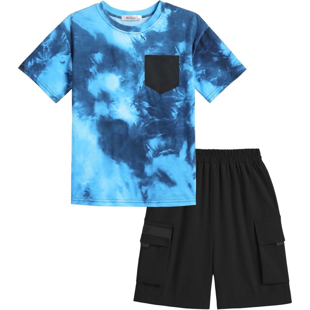 image:imageArshiner Boys 2Piece Cotton Outfit Short Sleeve Crewneck TShirt amp Cargo Shorts Set Summer Casual Clothes for Kids 513Indigo Tiedyeblack