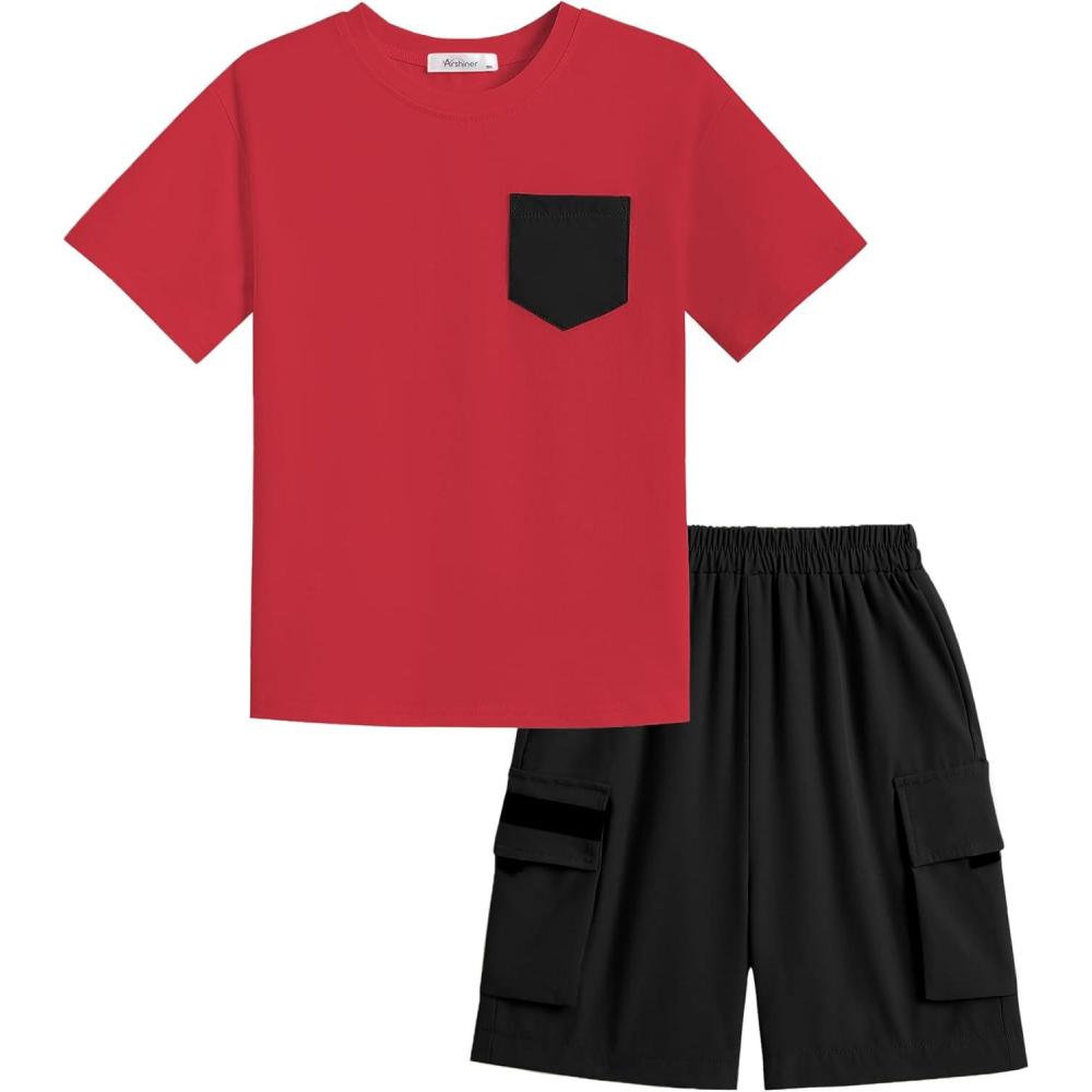 image:imageArshiner Boys 2Piece Cotton Outfit Short Sleeve Crewneck TShirt amp Cargo Shorts Set Summer Casual Clothes for Kids 513Redblack