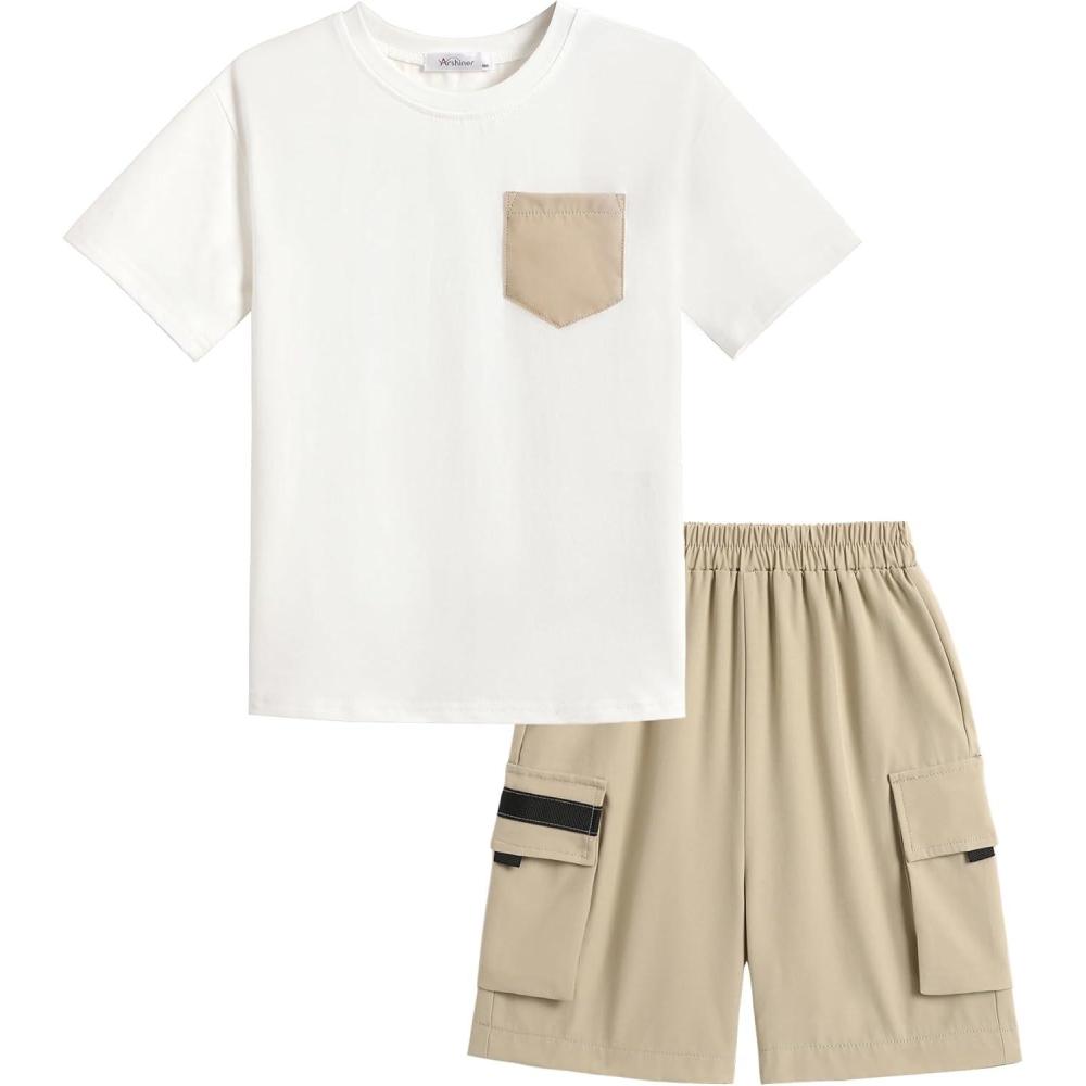 image:imageArshiner Boys 2Piece Cotton Outfit Short Sleeve Crewneck TShirt amp Cargo Shorts Set Summer Casual Clothes for Kids 513Whitekhaki