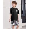 Arshiner Boys’ 2-Piece Cotton Outfit Short Sleeve Crewneck T-Shirt & Cargo Shorts Set Summer Casual Clothes for Kids 5-13(Black&black-and-white Check)