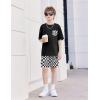 Arshiner Boys’ 2-Piece Cotton Outfit Short Sleeve Crewneck T-Shirt & Cargo Shorts Set Summer Casual Clothes for Kids 5-13(Black&black-and-white Check)