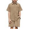 Arshiner Boys 2 Piece Summer Outfits Waffle Knit Short Sleeve Button Down Shirt & Casual Shorts Sets Size 4-12(Khaki)