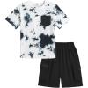 Arshiner Boys’ 2-Piece Cotton Outfit Short Sleeve Crewneck T-Shirt & Cargo Shorts Set Summer Casual Clothes for Kids 5-13(Black and White Print&black)