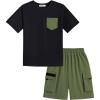 Arshiner Boys’ 2-Piece Cotton Outfit Short Sleeve Crewneck T-Shirt & Cargo Shorts Set Summer Casual Clothes for Kids 5-13(Black&army Green)
