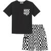Arshiner Boys’ 2-Piece Cotton Outfit Short Sleeve Crewneck T-Shirt & Cargo Shorts Set Summer Casual Clothes for Kids 5-13(Black&black-and-white Check)
