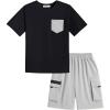 Arshiner Boys’ 2-Piece Cotton Outfit Short Sleeve Crewneck T-Shirt & Cargo Shorts Set Summer Casual Clothes for Kids 5-13(Black&grey)
