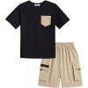 Arshiner Boys’ 2-Piece Cotton Outfit Short Sleeve Crewneck T-Shirt & Cargo Shorts Set Summer Casual Clothes for Kids 5-13(Black&khaki)