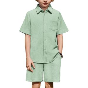 Arshiner Boys 2 Piece Summer Outfits Waffle Knit Short Sleeve Button Down Shirt & Casual Shorts Sets Size 4-12(Icy Green)